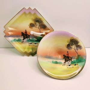 Rare 1930s Noritake Equestrian Horse 2pc Conical Bowl Lemon Dish Art Deco